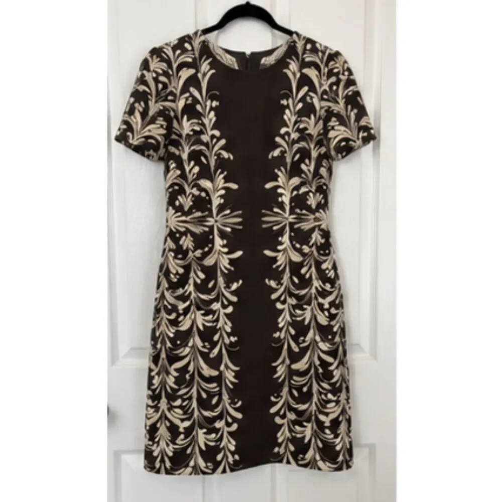 Tory Burch Printed Sheath Mini Dress XS Brown Ivory Short Sleeve Stretch